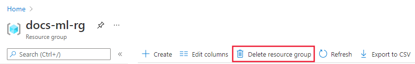 Screenshot of the delete resource group link.