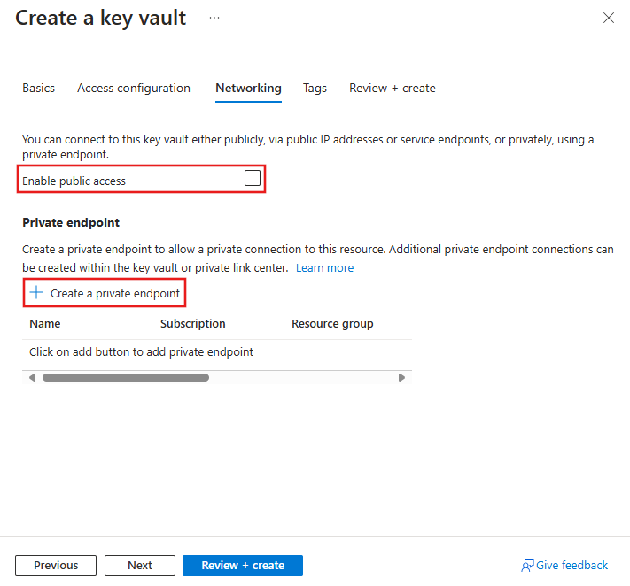 Screenshot of the networking form when adding a private endpoint for the key vault.