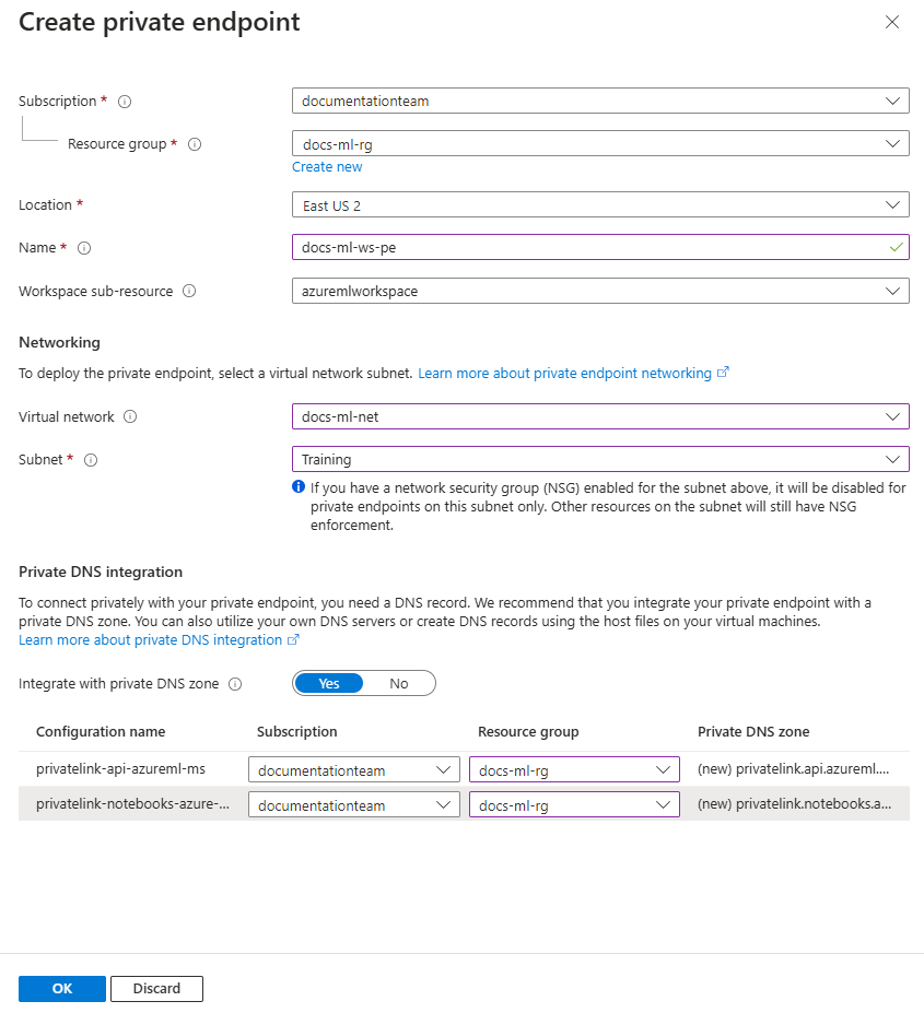 Screenshot of the workspace private network configuration form.