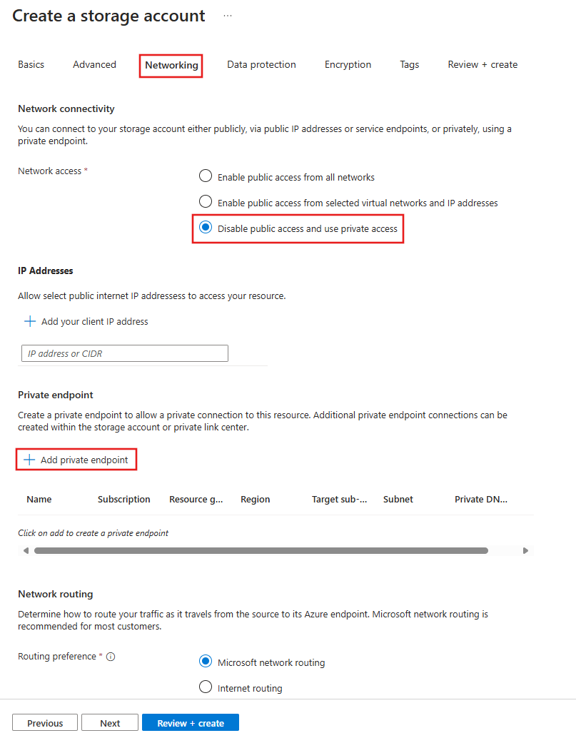 Screenshot of the form to add the blob private network.