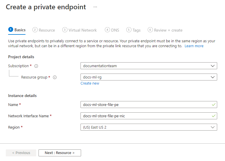 Screenshot of the basics form when adding the file private endpoint.