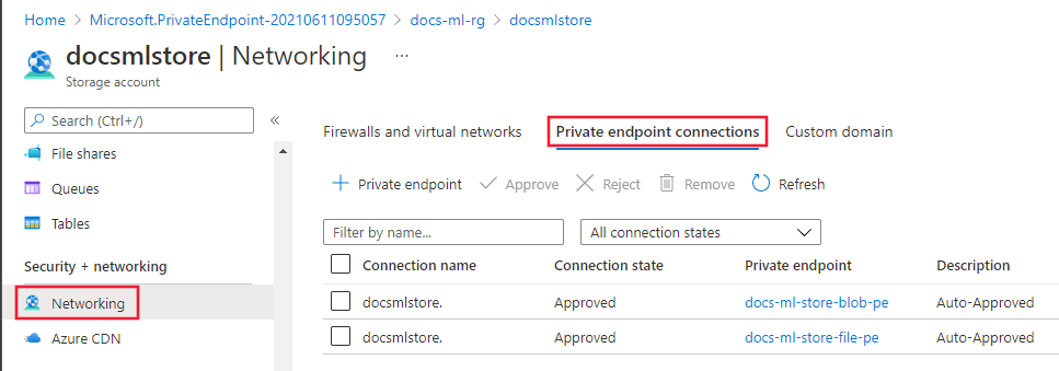 Screenshot of storage private endpoint connections.