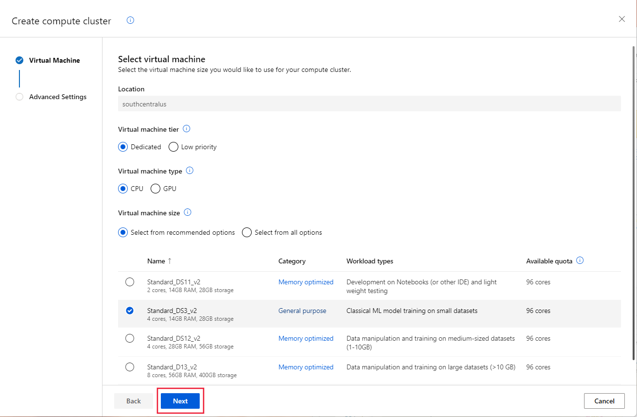 Screenshot of the compute cluster virtual machine configuration.