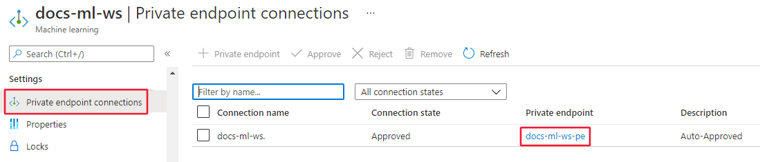 Screenshot of the private endpoint connections for the workspace.