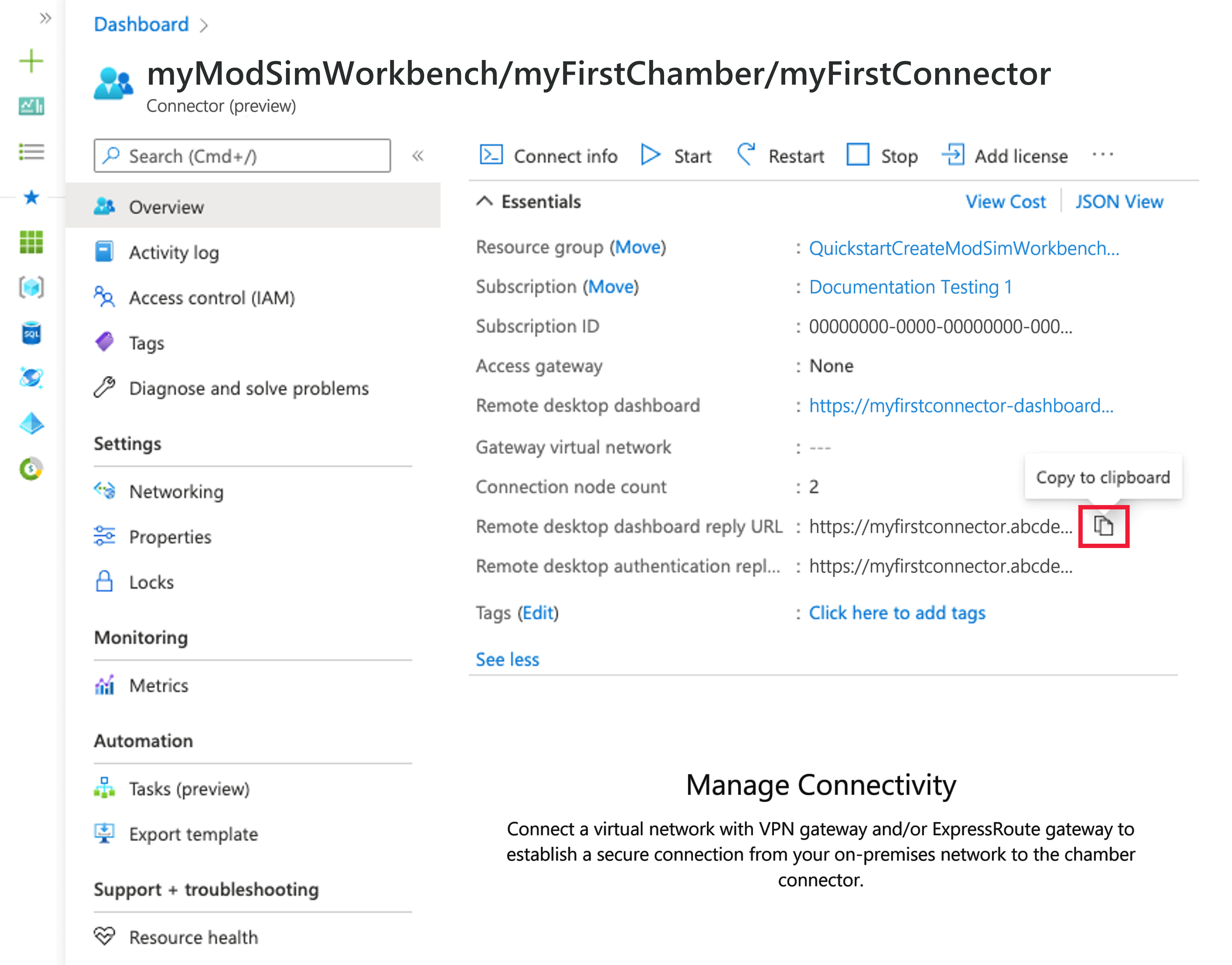 Screenshot of the connector overview page showing where you select the reply URLs.