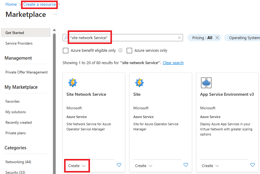 Screenshot showing the Create a resource page search for and select Site Network Service.