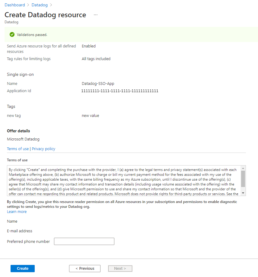 Screenshot of Review and Create a Datadog resource.