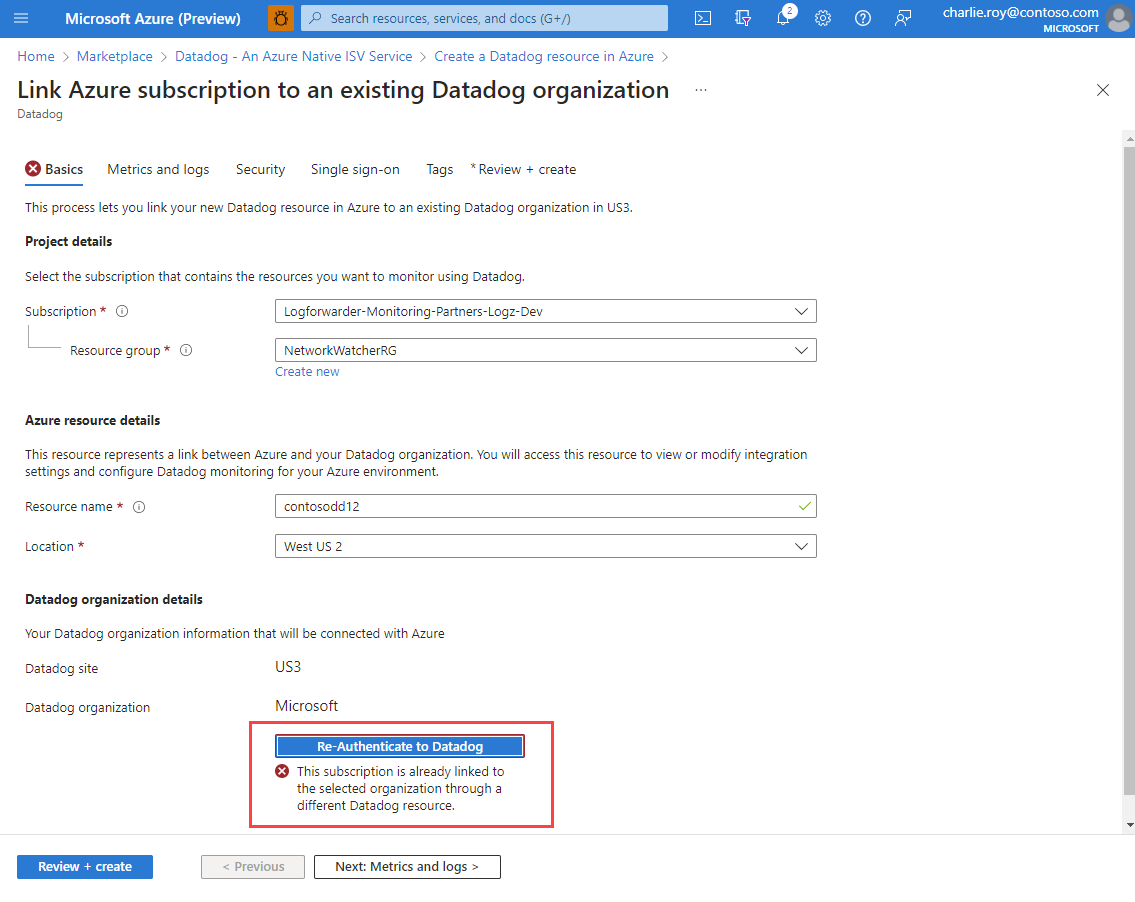 Screenshot stating that a subscription is already linked to the selected organization through a different Datadog resource.