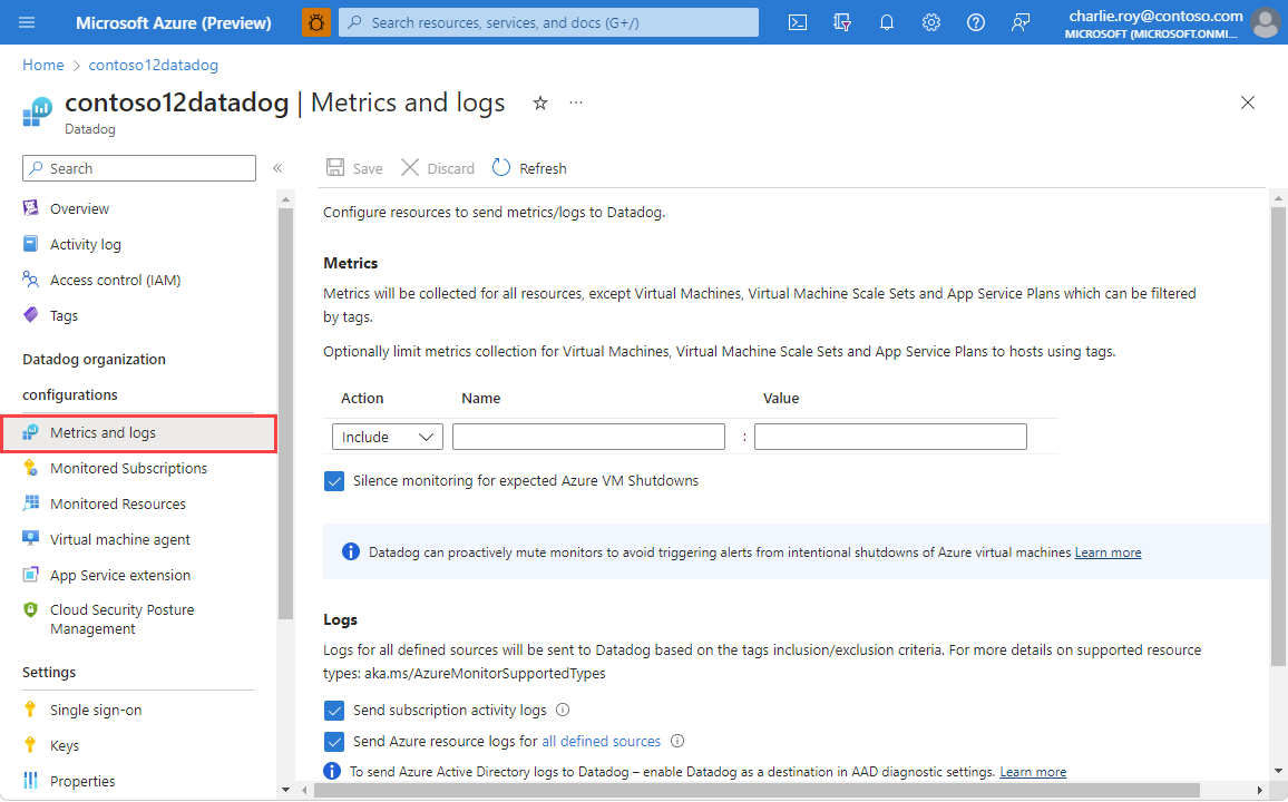 Screenshot showing how to modify the configuration of logs and metrics for the Datadog resource.