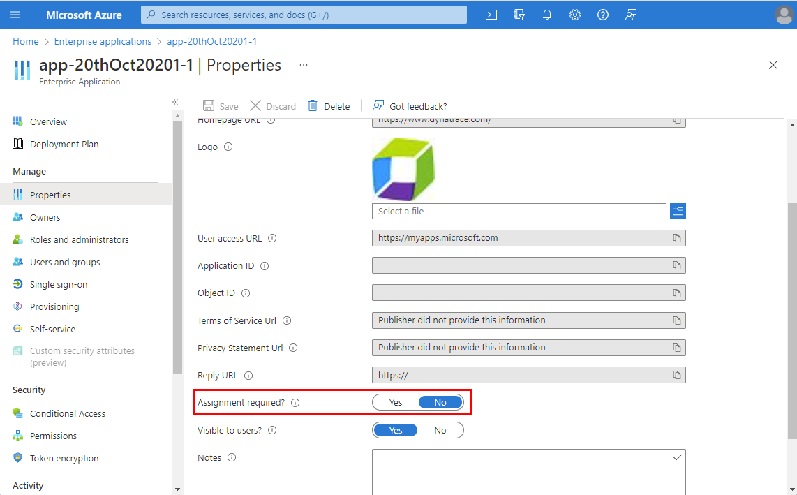 Screenshot of the Dynatrace service properties.