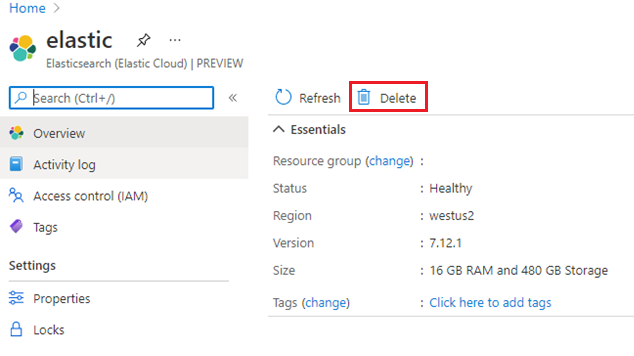 Screenshot of delete Elastic resource.