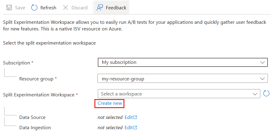 Screenshot of the Azure portal, selecting Create new Split Experimentation Workspace.