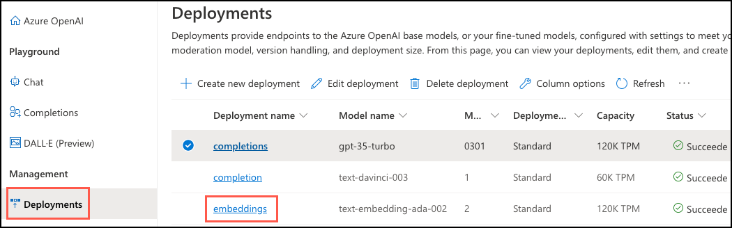 Screenshot of embedding deployments for integrating AI.