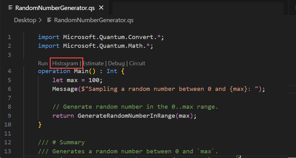 Screenshot of Visual Studio Code showing where to find the histogram command in the code lens.