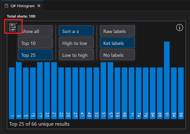 Screenshot the Q# histogram window in Visual Studio Code showing how to display settings.