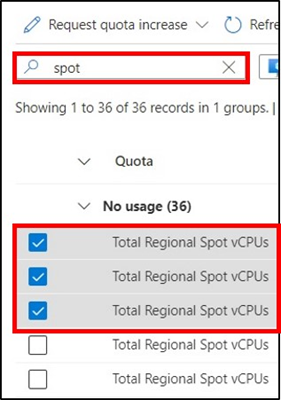 Screenshot showing spot quota selection in the Azure portal