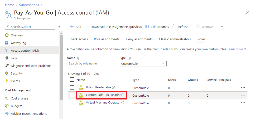 New custom role in Azure portal