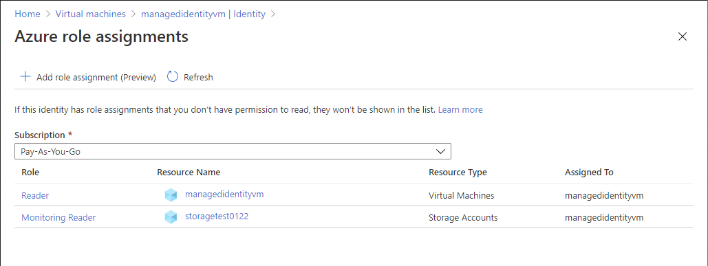 Role assignments for a system-assigned managed identity