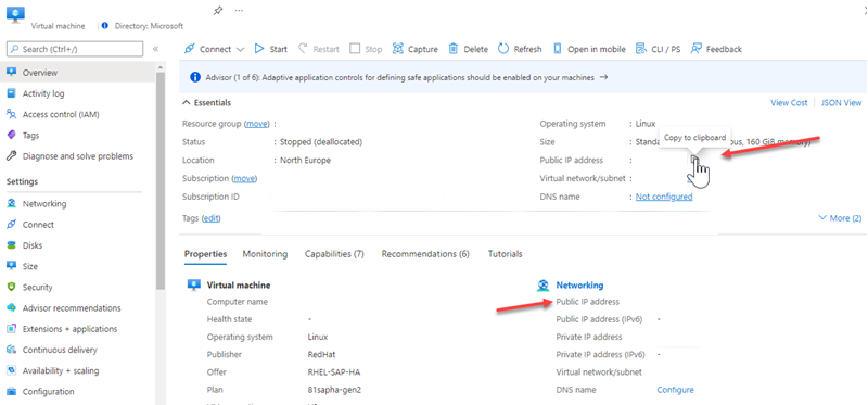 Where to retrieve the public ip on the Azure Portal