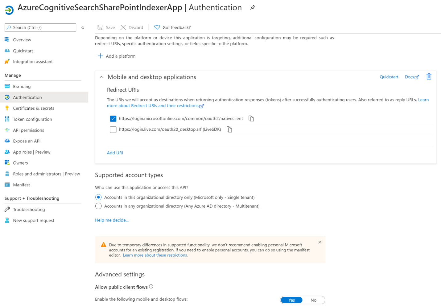 Screenshot showing Microsoft Entra app authentication configuration.