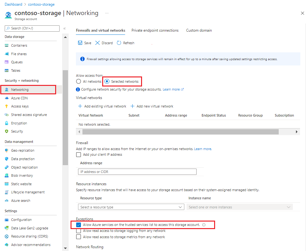 Screenshot of the firewall and networking page for Azure Storage in the Azure portal.