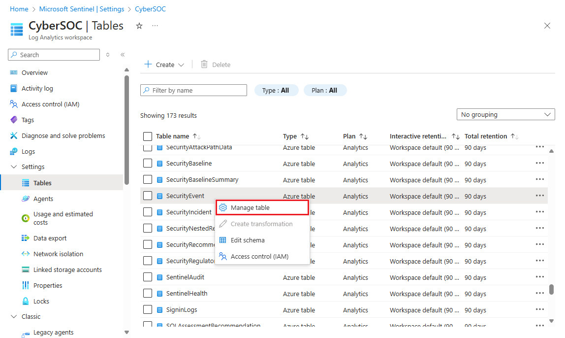 Screenshot of the manage table option on the context menu for a table in the tables view.