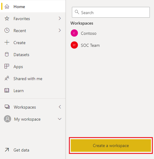 Screenshot showing Create a workspace in the Power BI service.