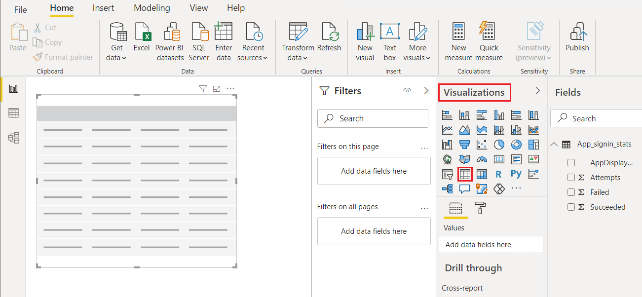 Screenshot showing the table icon under Visualizations in Power BI Desktop.