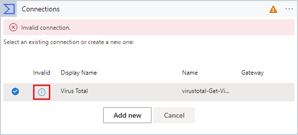 Screenshot of invalid Virus Total connection configuration.