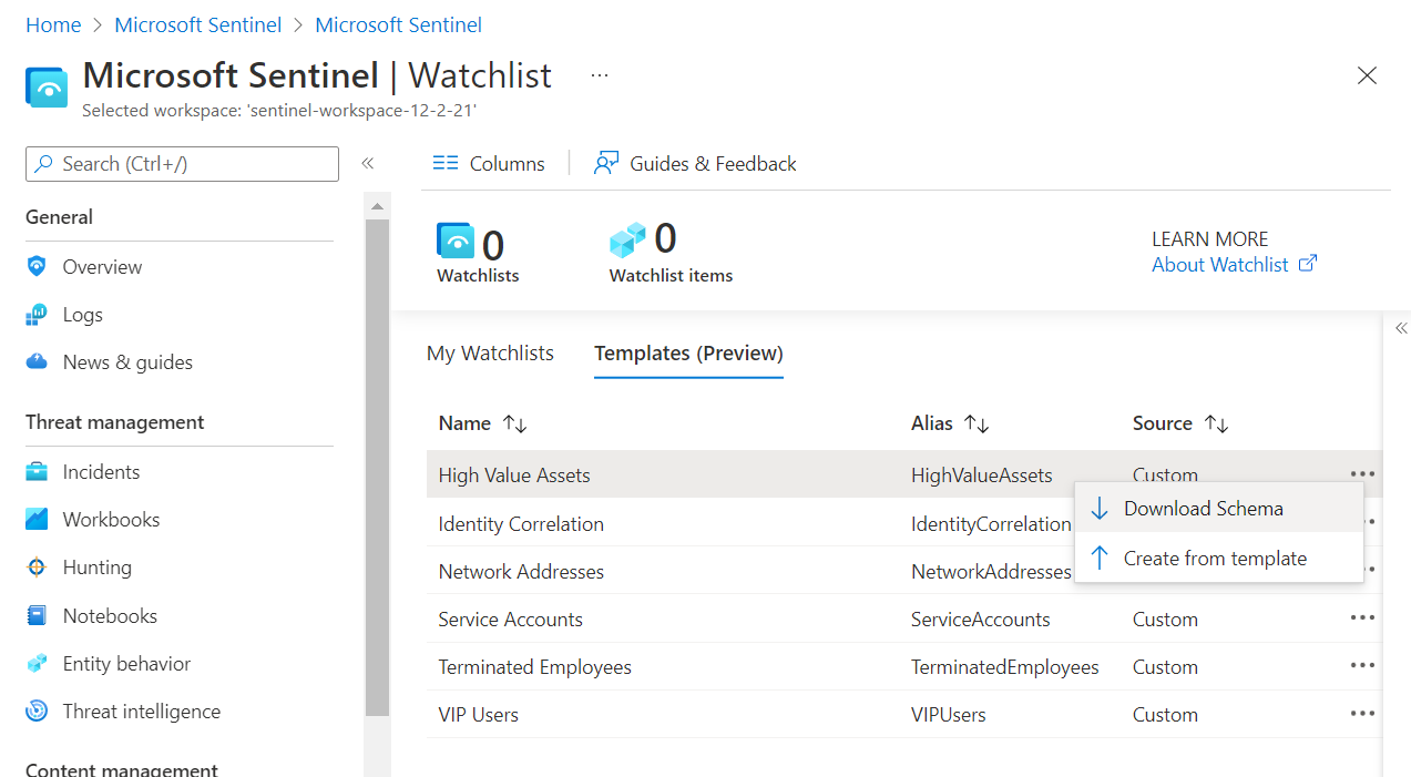 Screenshot of templates tab with download schema selected.