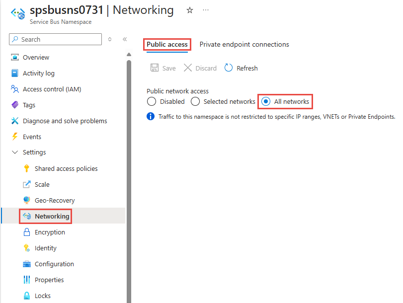 Screenshot of the Networking tab of a Service Bus namespace with the default option All networks selected.