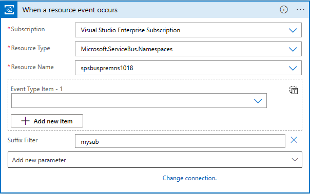 Screenshot that shows the Logic Apps Designer with connection configuration for the Service Bus namespace.