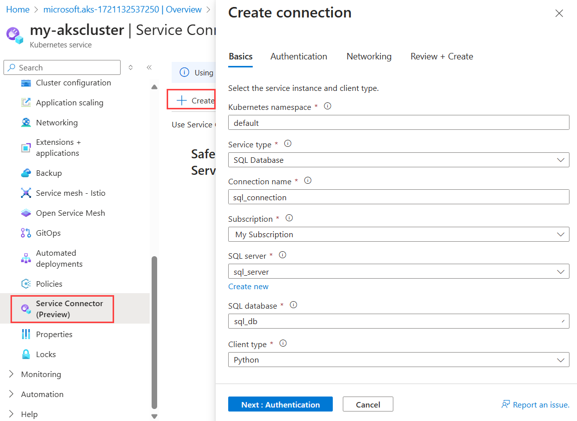 Screenshot of the Azure portal showing the form to create a new connection to a SQL database in AKS.