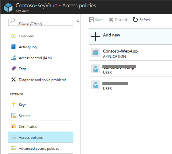 Screenshot shows the Key Vault with Access policies selected.