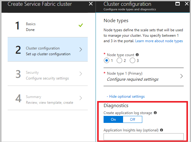 Azure Diagnostics settings in the portal for cluster creation