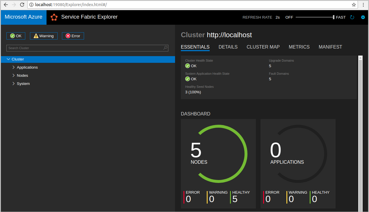 Azure Service Fabric Explorer shows healthy nodes