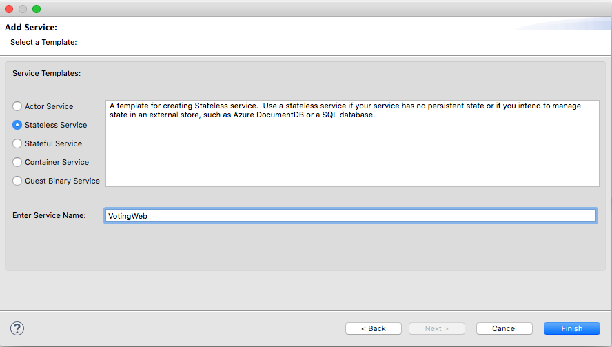 Create a stateless service for your Service Fabric project