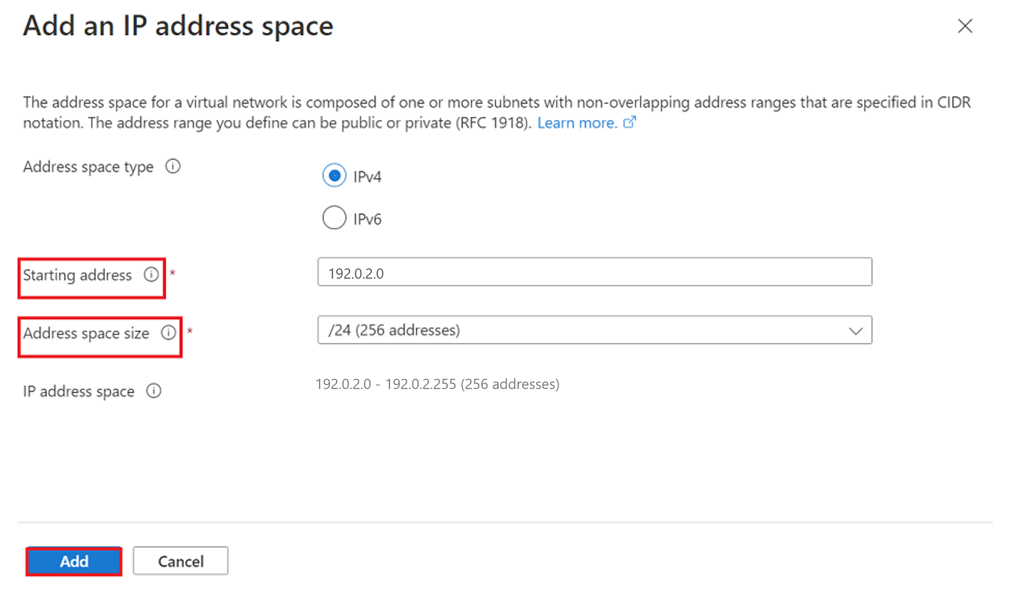 Screenshot of selections for adding an IP address space for a virtual network.