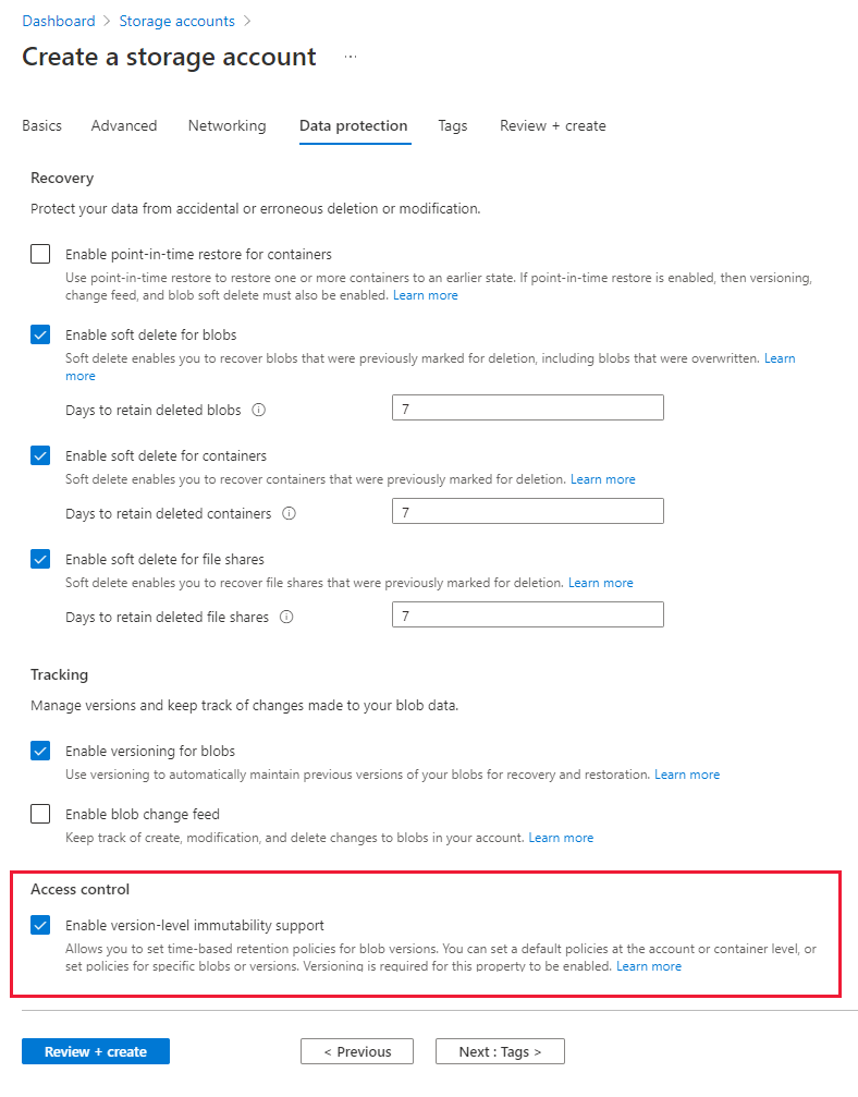 Screenshot showing how to create a storage account with version-level immutability support