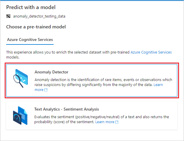 Screenshot that shows selection of Anomaly Detector as a model.