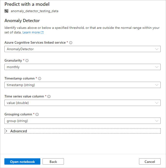 Screenshot that shows configuration details for Anomaly Detector.