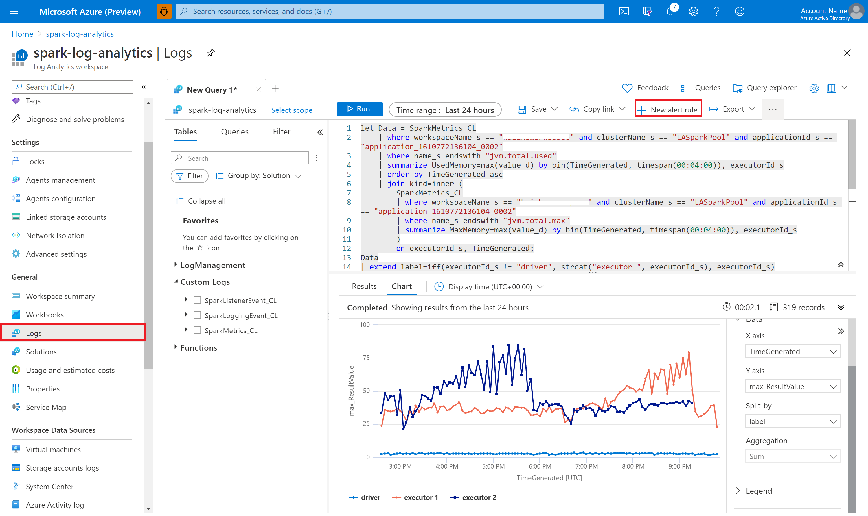 Screenshot that shows customizing a workbook with a query and alerts.