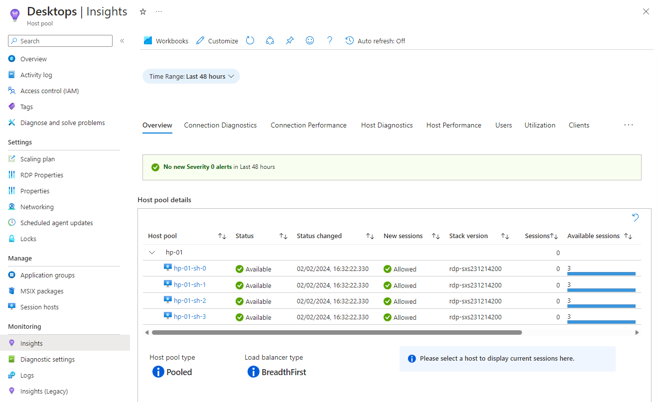 A screenshot showing the overview of Insights for a host pool.