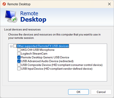 A screenshot showing the local devices and resources dialog box of Windows App when connected to a remote session.