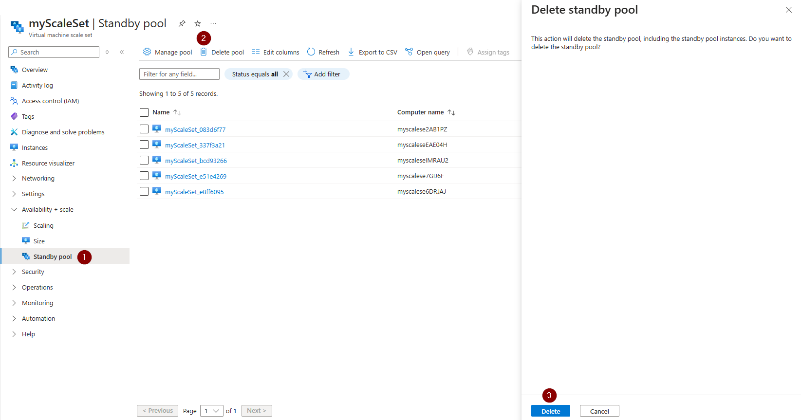 A screenshot showing how to delete a standby pool in the portal.