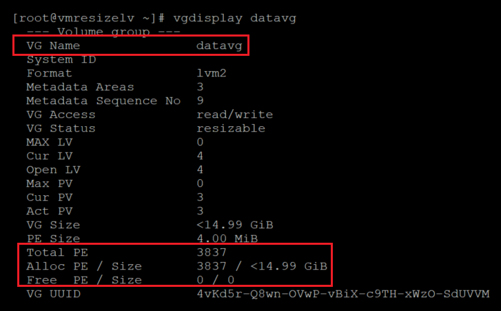 Screenshot showing the code that checks the volume group size. Results are highlighted.