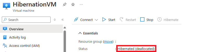 Screenshot of the Hibernated VM's status in the Azure portal listing as 'Hibernated (deallocated)'.