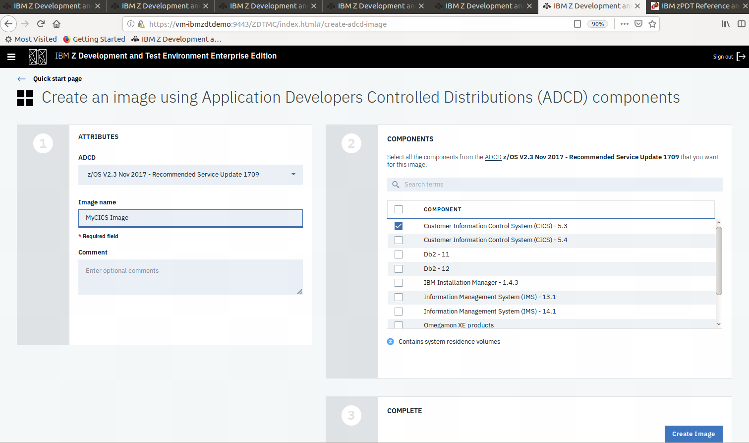 IBM zD&T Enterprise Edition - Create an image using ADCD Components screen