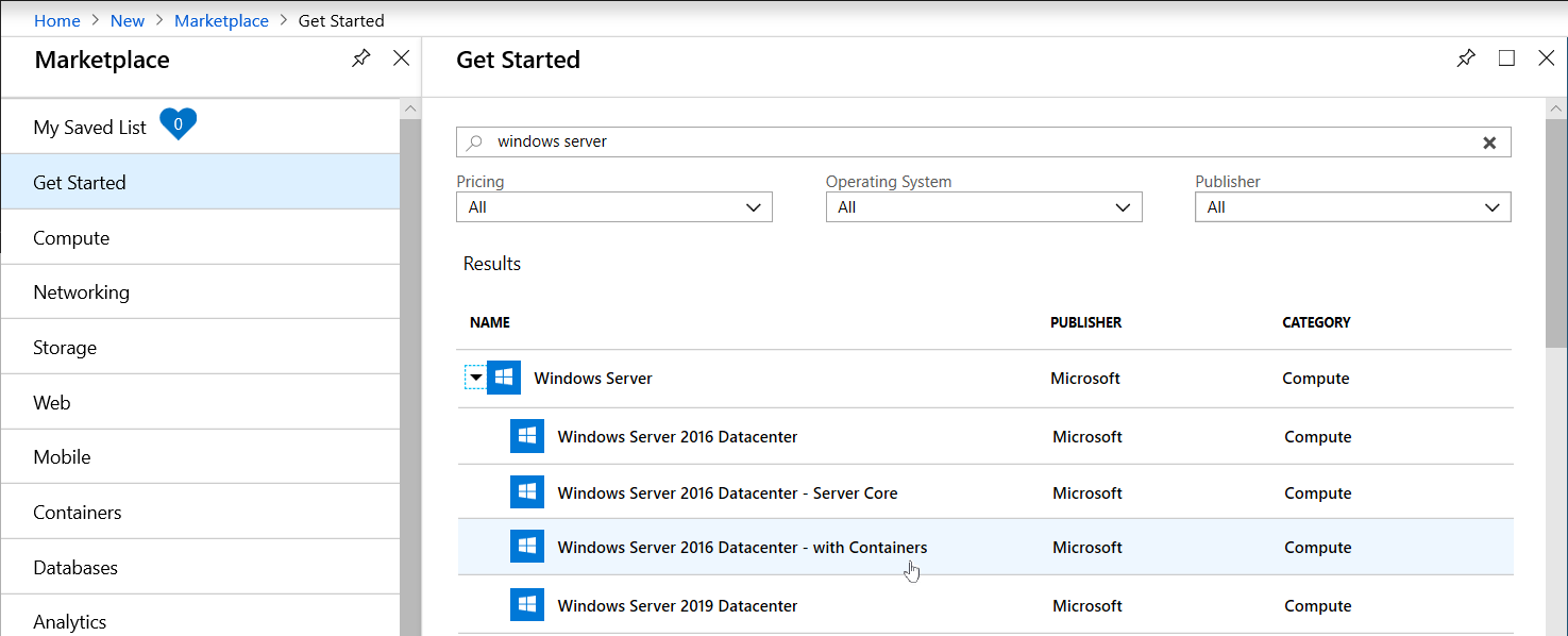 Screenshot of Azure portal search results