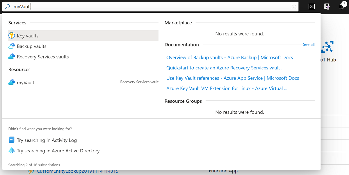 Screenshot that shows selecting a Recovery Services vault.